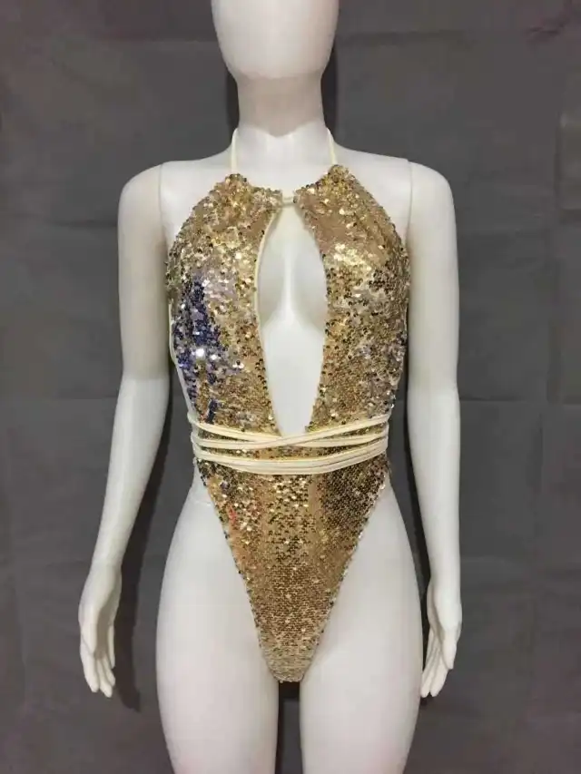 Sexy Strappy One piece Swimsuit Halterneck Sequin Bikini Apricot - Shop at LoveMi