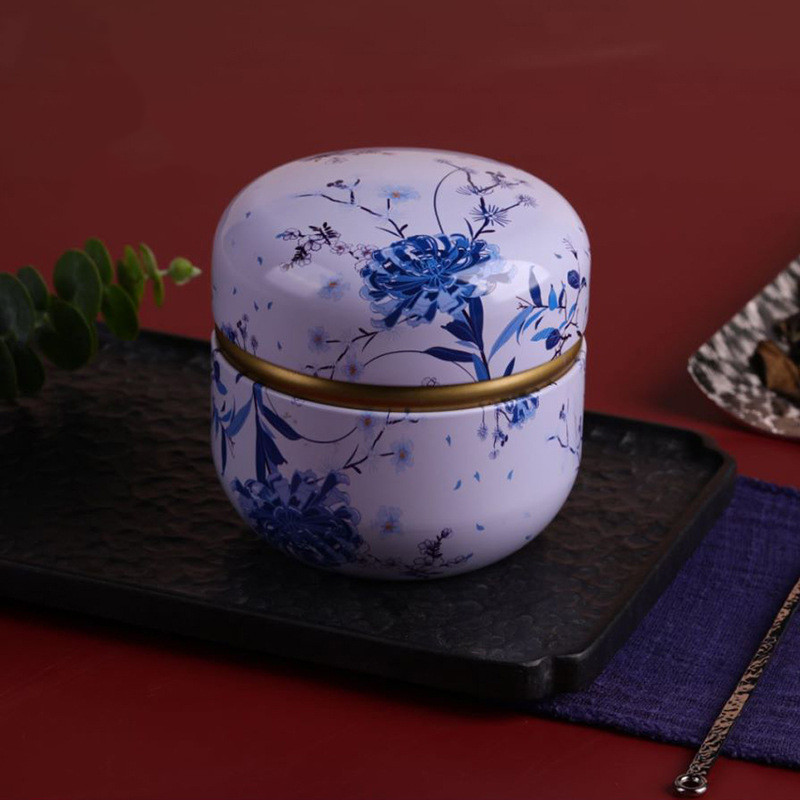 Small Tea Empty Round Tin Cans Japanese Flower Tea Tinplate Packaging Storage Sealed Food