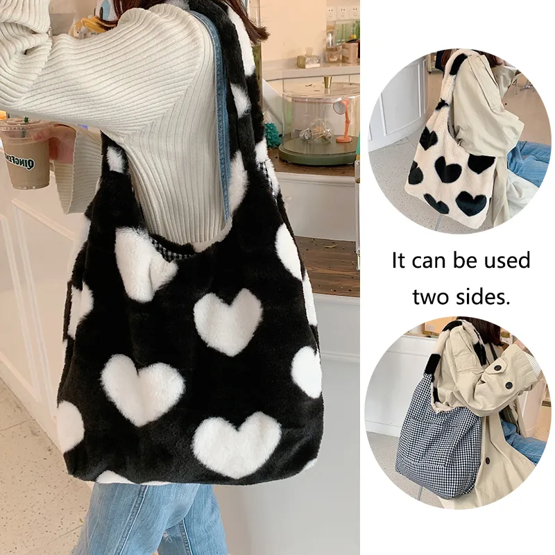Love Heart Shoulder Bags Double Side Used Winter Underarm