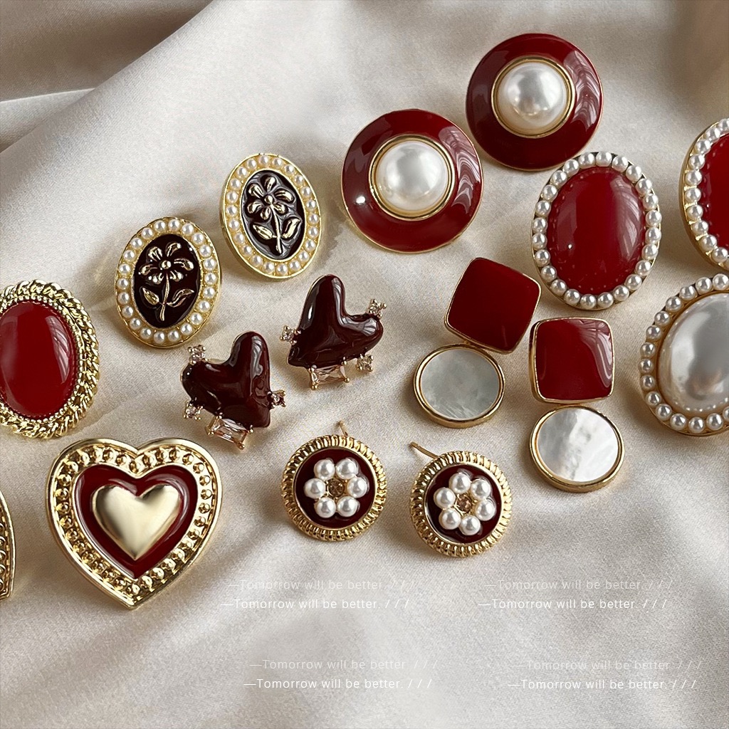 Parisian Vintage Wine Red Earrings Women Enamel Stud Earrings French Style Elegant Jewelry Bulk