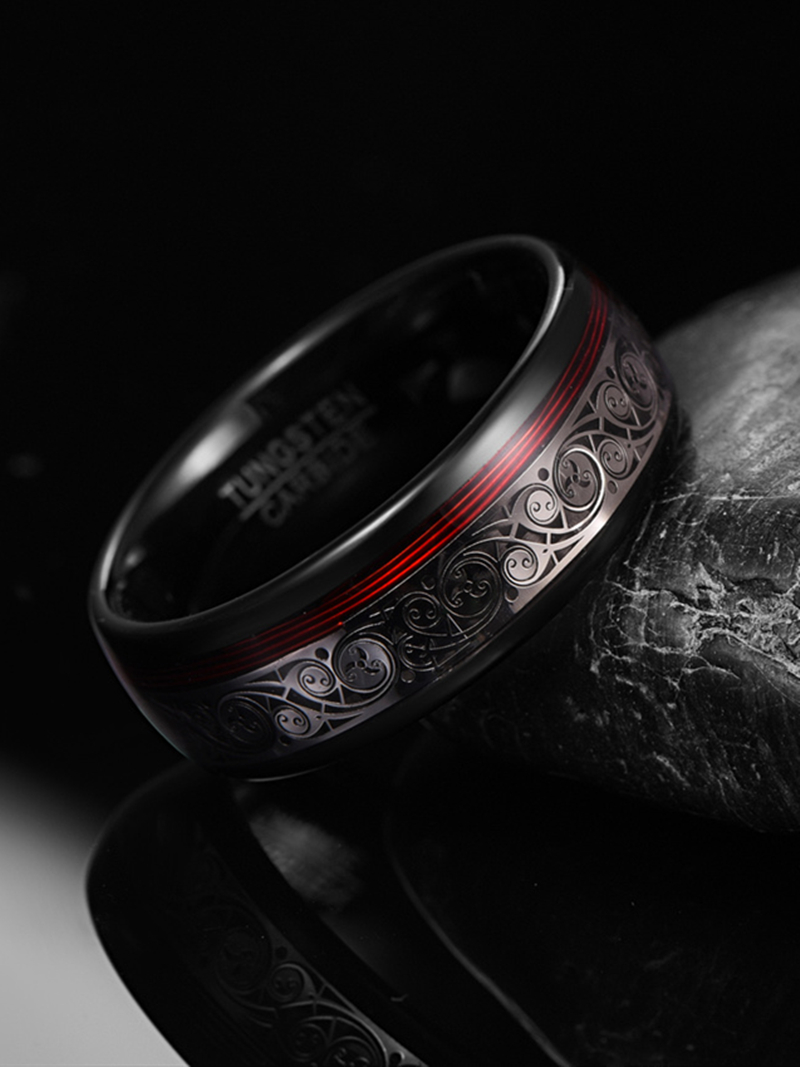 8mm Wide Electroplated Black Spiral Red Guitar String Tungsten Steel Ring