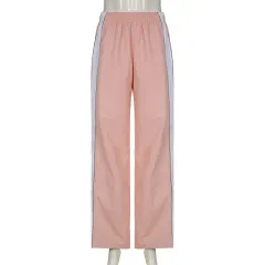 Ladies Elastic Low Waist Woven Casual Pants - Pink - View 1