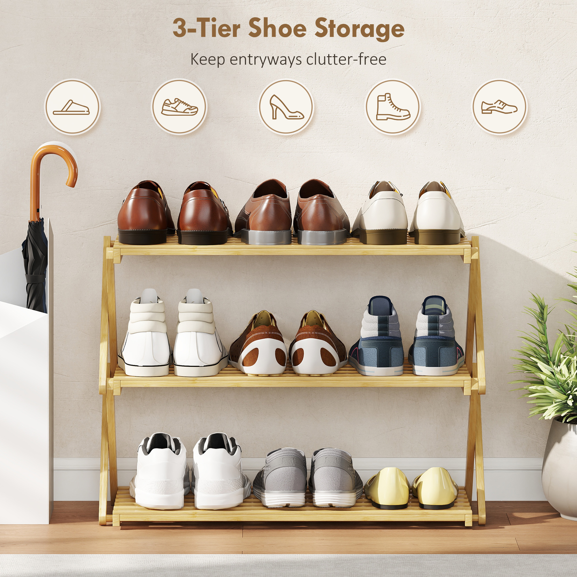 Three Layer Folding Bamboo Shoe Rack - Natural Color — image 6