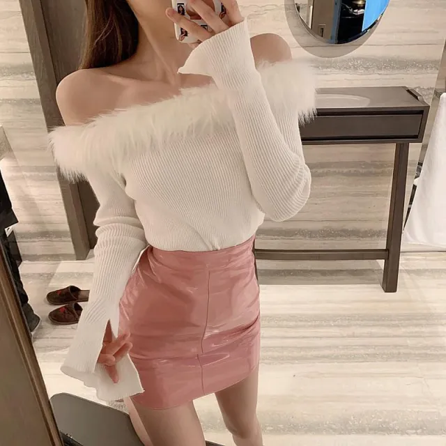 Women's Off shoulder Fleece Sexy One line Neck Top Slim Long sleeved Sweater White - Shop at LoveMi