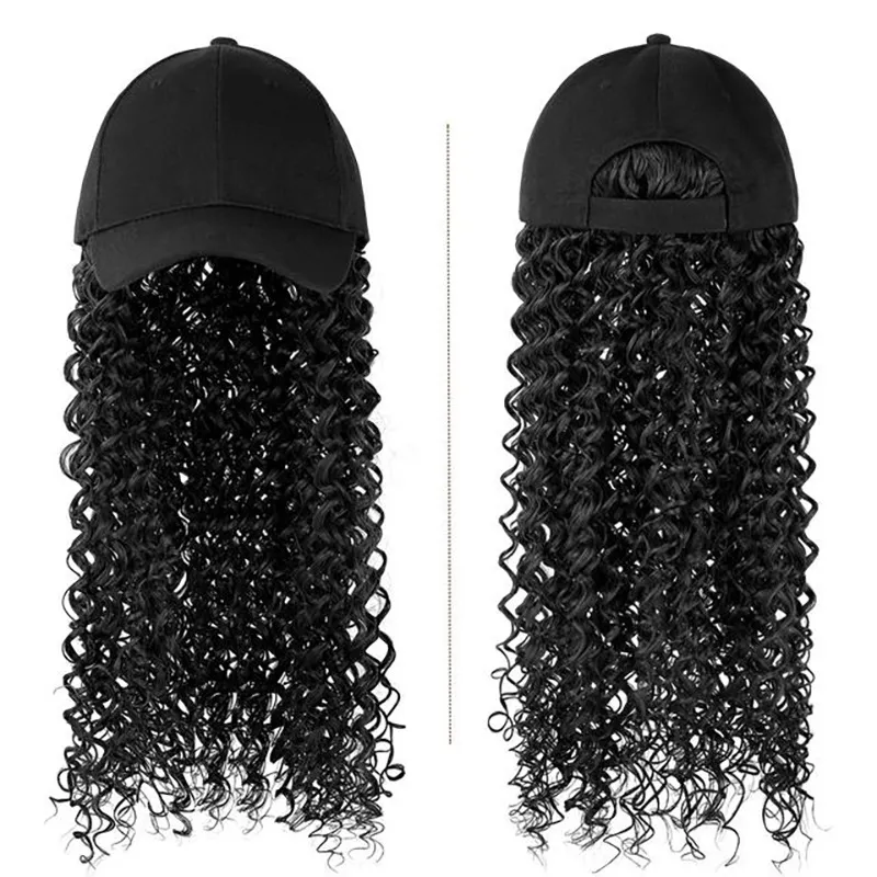 Women's Fashion Natural Headgear With Hat And Wig - Natural Black