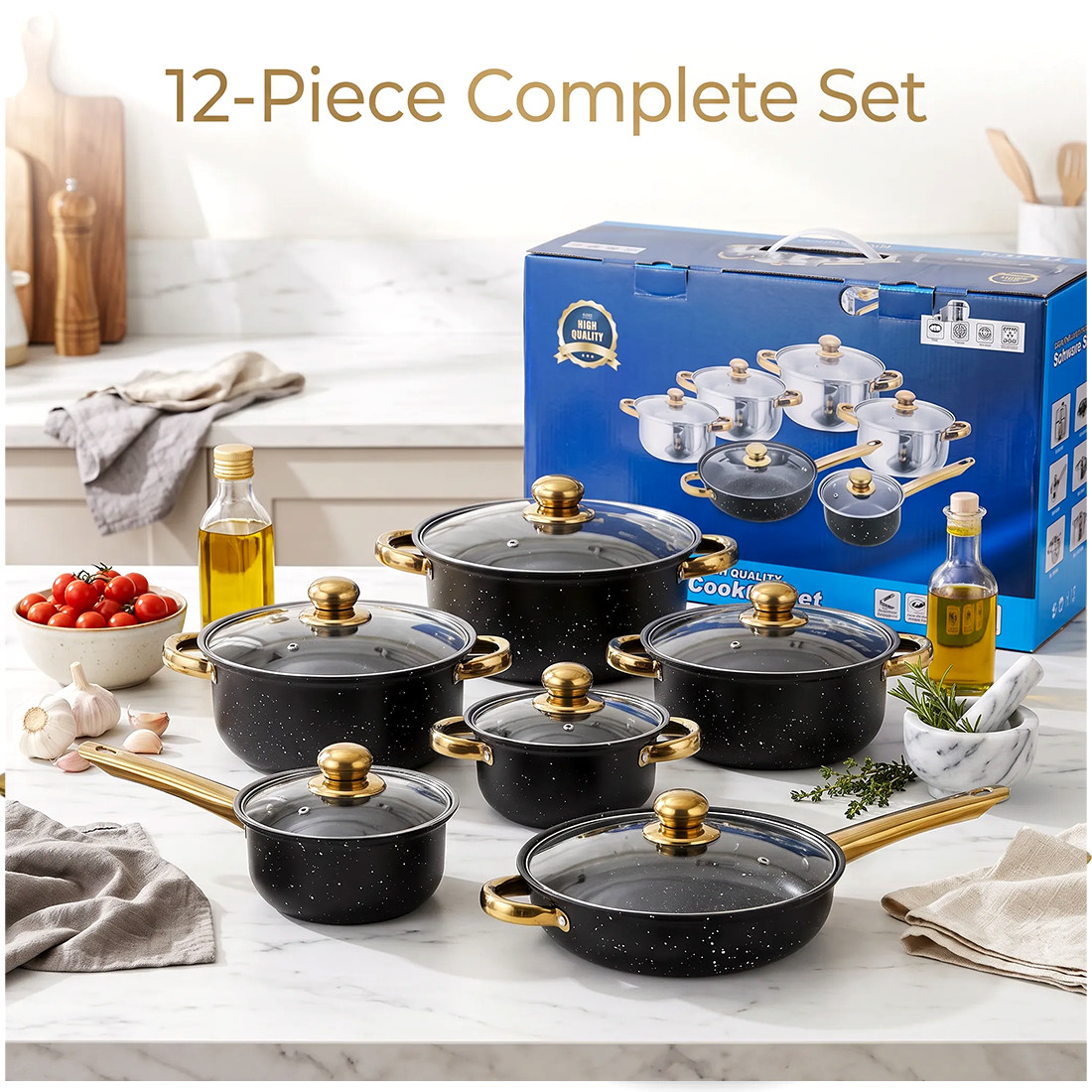 12PCS Induction Non Stick Stainless Steel Cookware Cooking Pot Pan With Lids Set