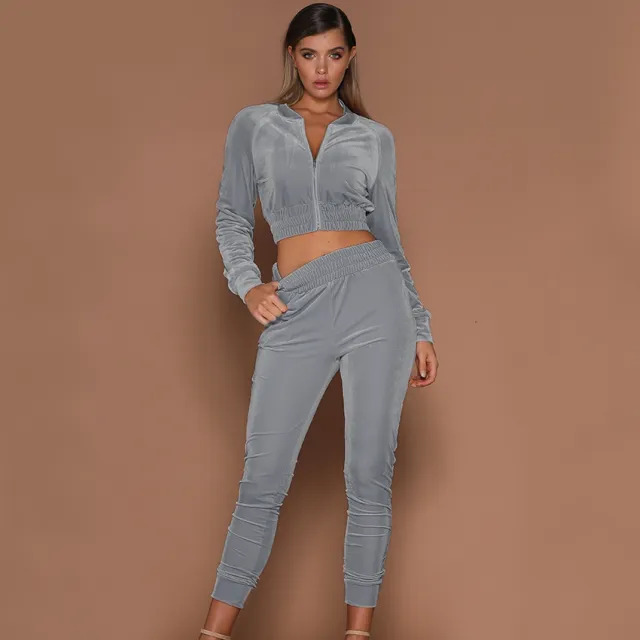 Velvet Suit Solid Color Zipper Sweater And Foot Sports Trousers Two piece Women Grey - Shop at LoveMi