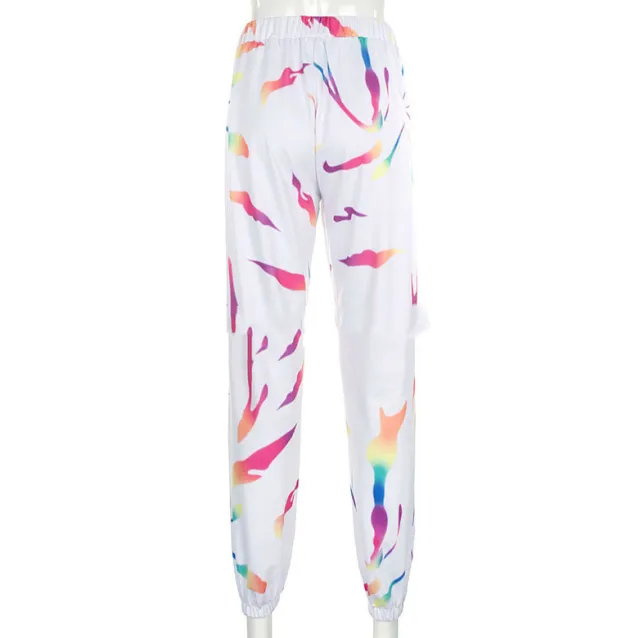Women's New Elastic High Waist Thin Colorful Tie Dye Casual Pants White - Shop at LoveMi