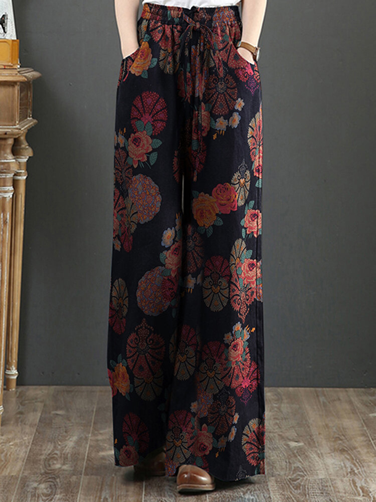 Title 3, New cotton and linen printed wide-leg pants women