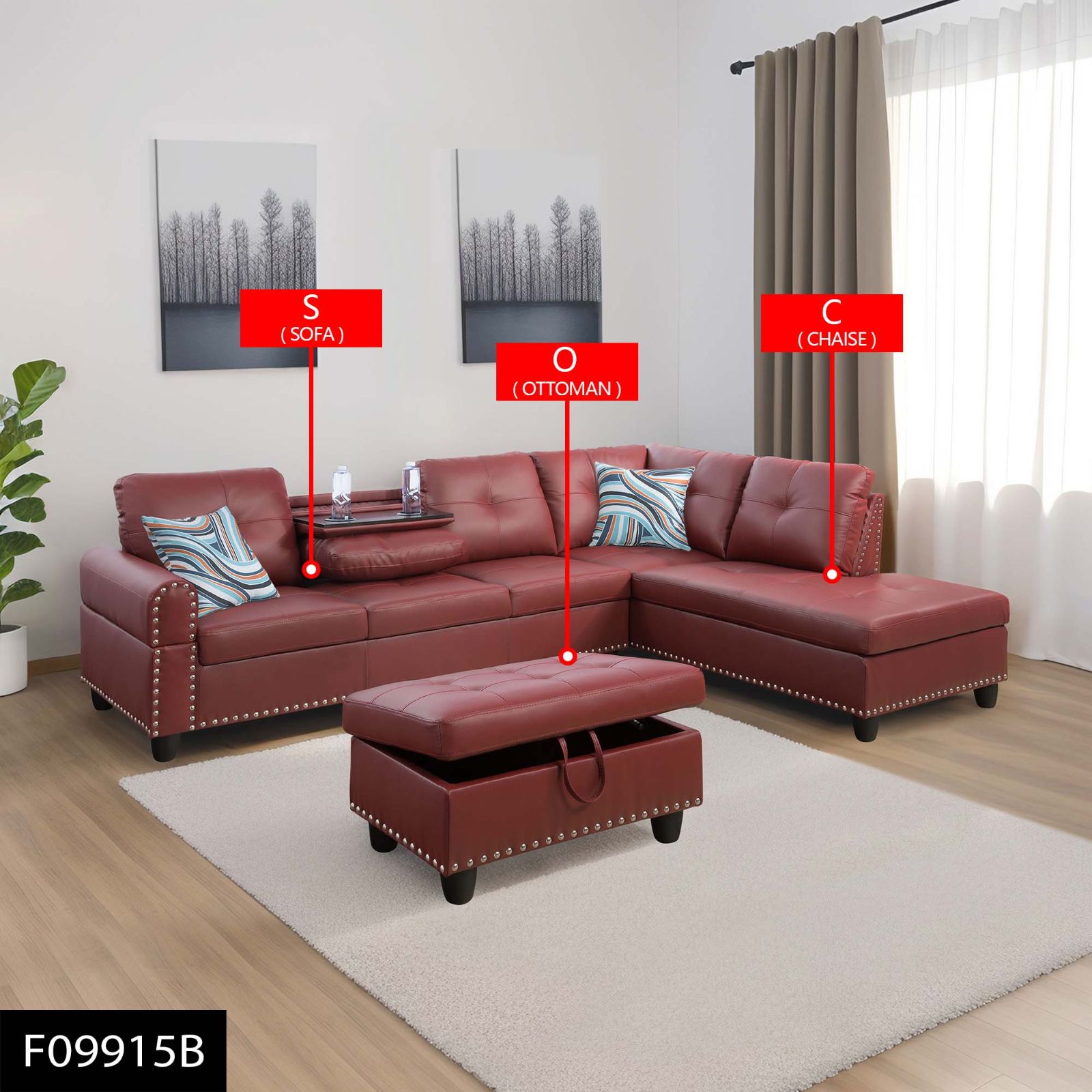 Red Faux Leather 3-Piece Sofa Set - Image 1 of 1