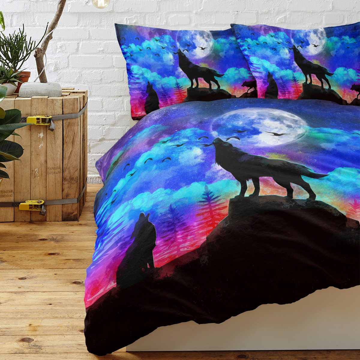 Wolf Animal Duvet Cover - 3 Pieces 3D Galaxy Moon Wolf Print Polyester Extra... 2