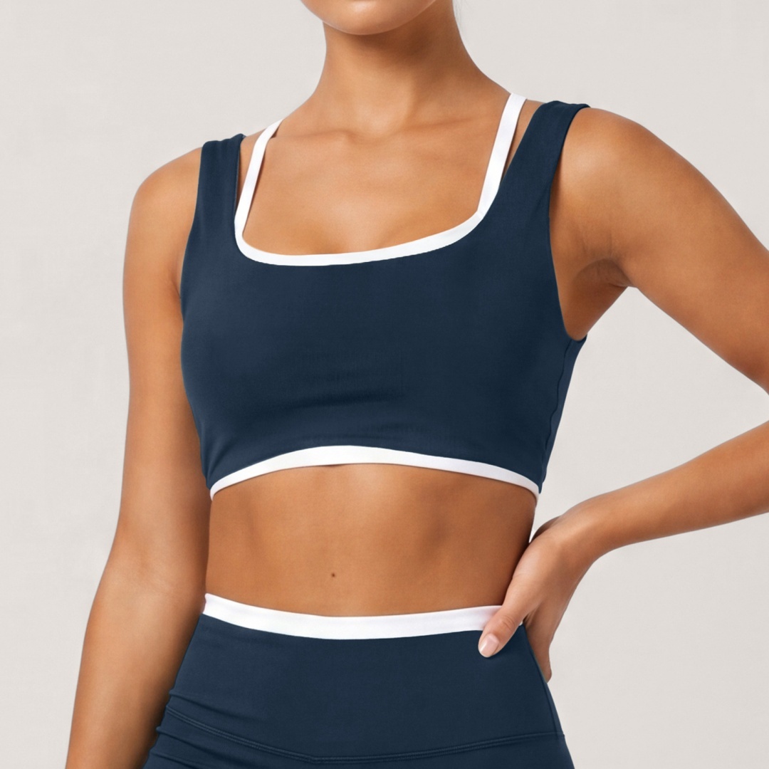 Womens Contrast Double Strap Sports Bra Square Neck Wireless Padded Yoga Crop Top