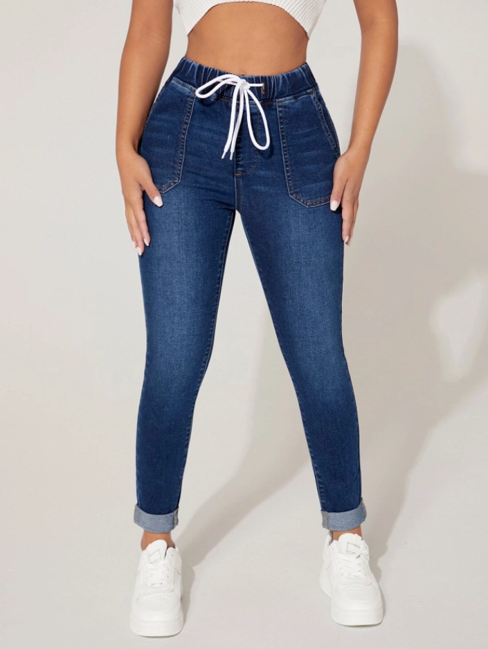 New Drawstring Elastic Waist High Skinny Jeans Navy - Shop at LoveMi