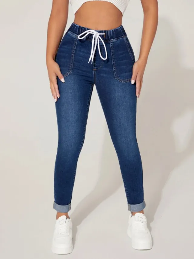 New Drawstring Elastic Waist High Skinny Jeans Navy Blue - Shop at LoveMi
