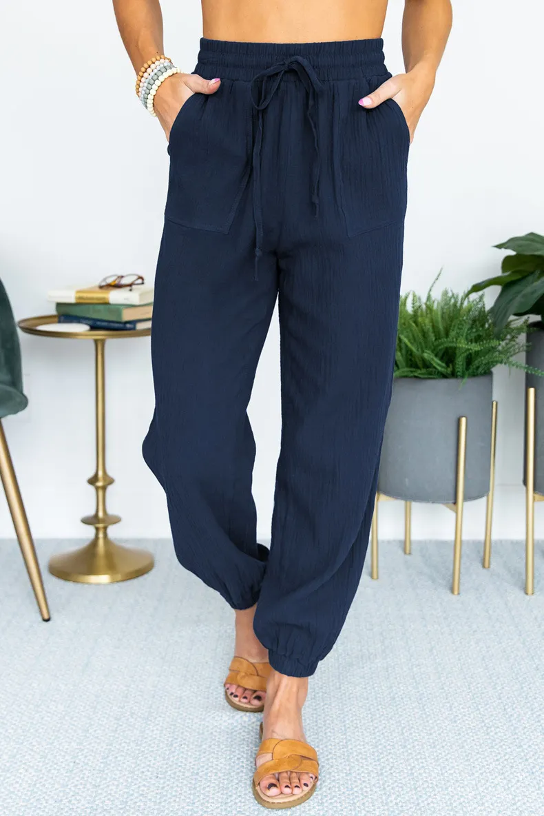 European And American High Waist Lace-up Ninth Leggings - Navy