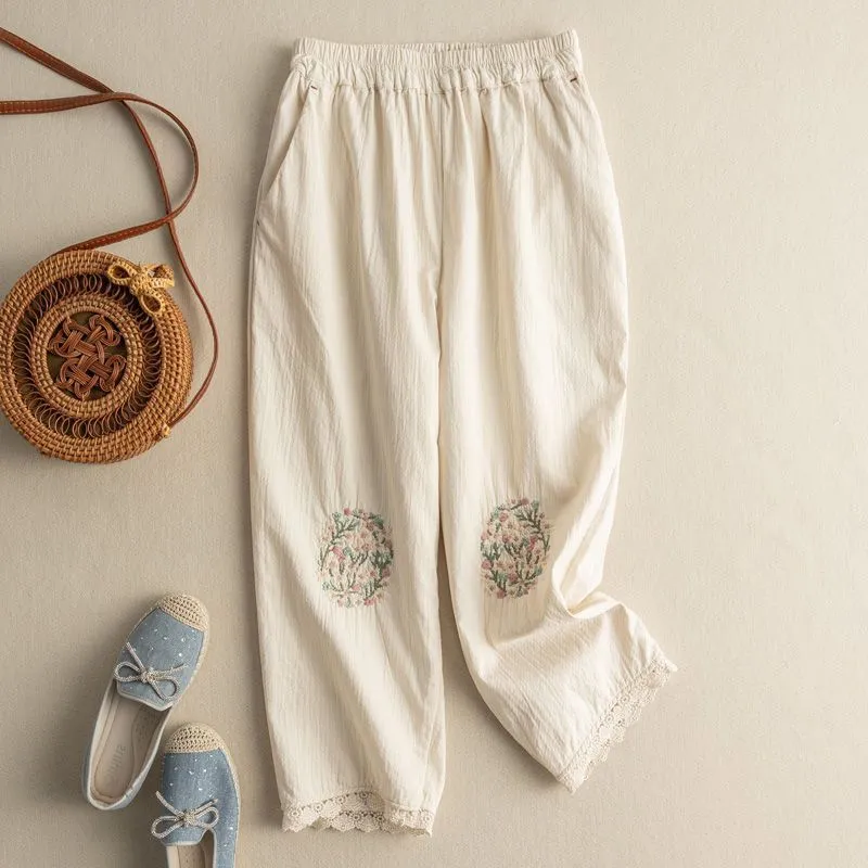 Cotton And Hemp Embroidery Casual Pants Female Literary Retro - White