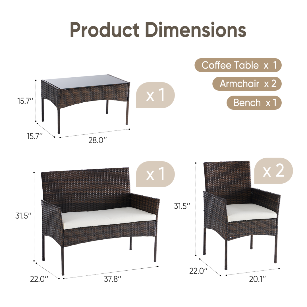 Four-piece Garden Furniture Set, Equipped With Detachable Cushions And Tempered Glass Coffee Table