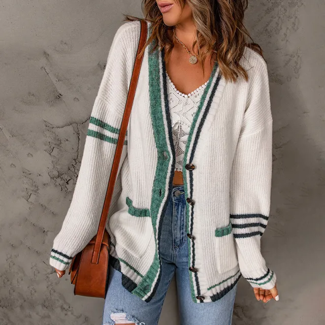 Sweater Cardigan Long Sleeve Color Matching Fashion White - Shop at LoveMi