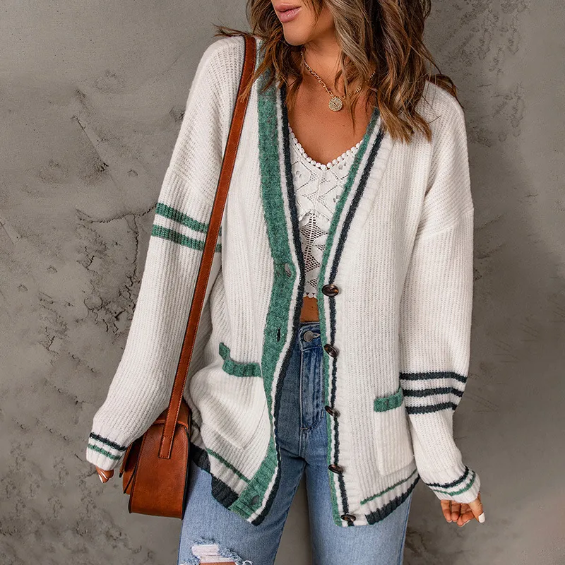 Sweater Cardigan Long Sleeve Color Matching Fashion - White