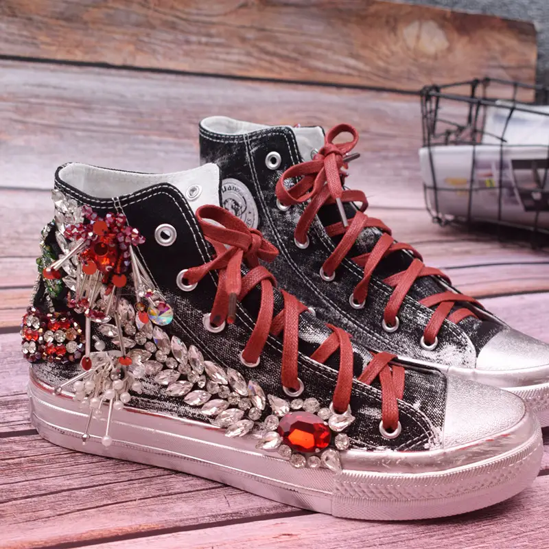 Beaded Three-dimensional Flower Color Matching Western Style High-top Canvas Women's Shoes