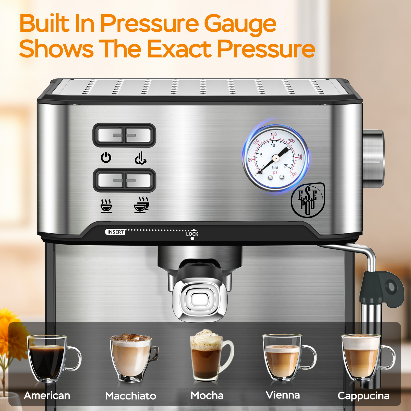 20 Bar Professional Espresso Machine With Milk Frother, Single Double Shot, ESE Pod Compatible, Visual Display Of Pressure, Removable Water Tank For Cappuccino, Latte, Machiato For Home Barista — foto 3