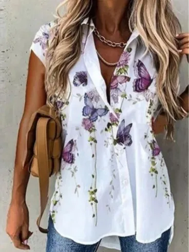 Women's Swallowtail Digital Positioning Print Lapel Short Sleeve Shirt White - Shop at LoveMi