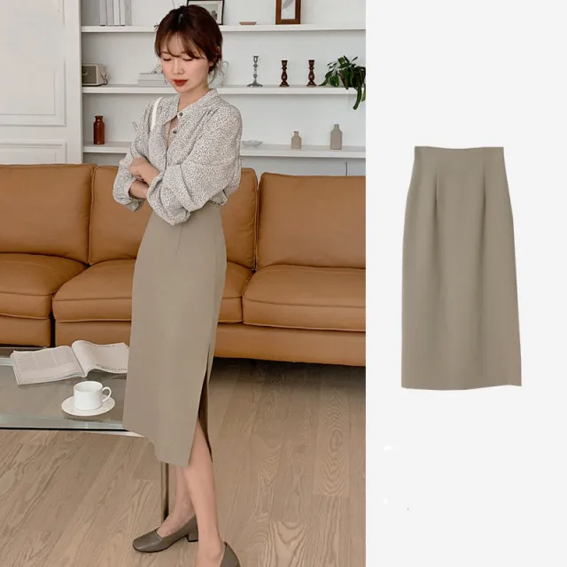 Retro A line Slit Bag Hip Skirt High Waist Mid length Skirt Khaki - Shop at LoveMi
