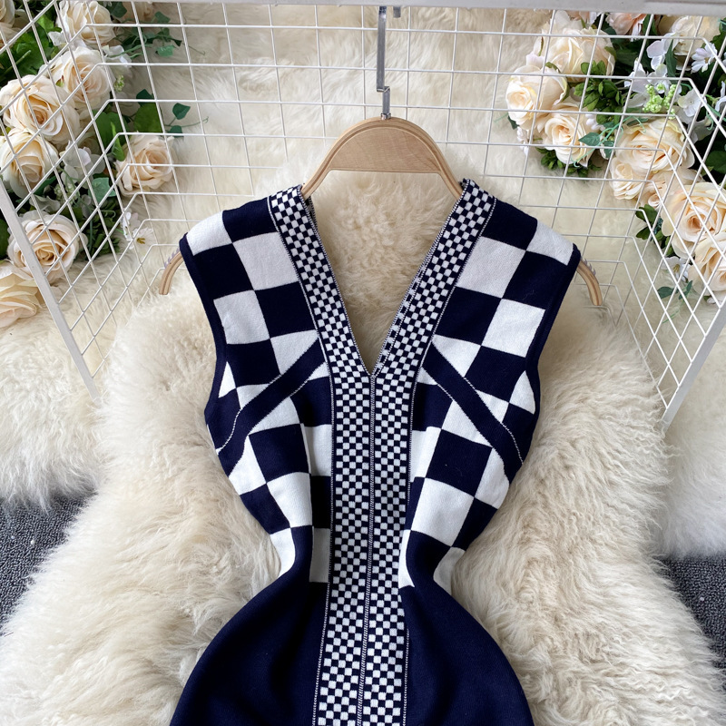 Checkered Pinched Navy and White Dress