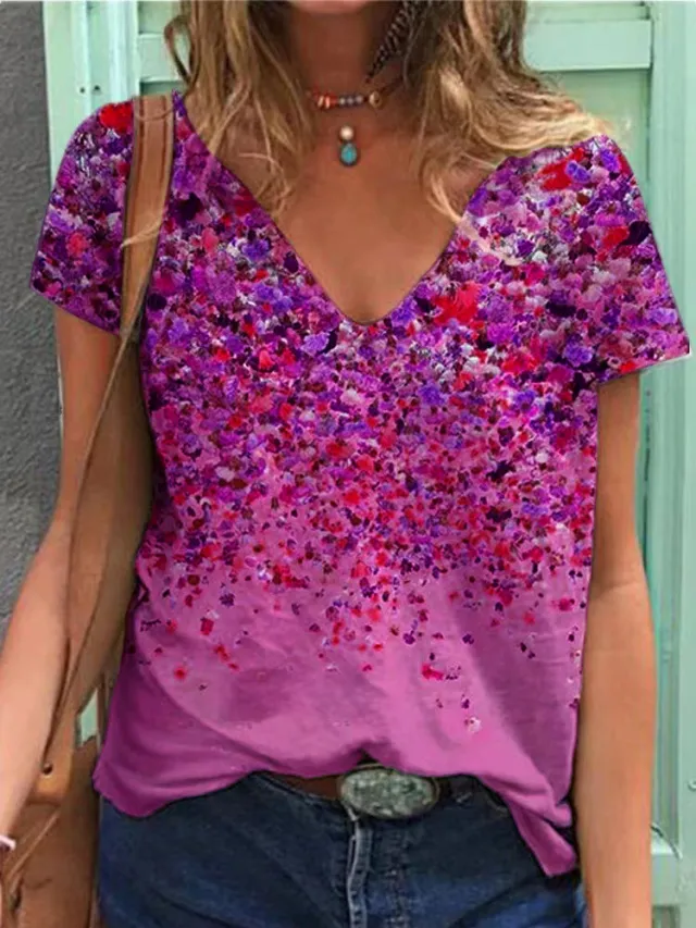V neck Printed Short sleeved Blouse T shirt Rose - Shop at LoveMi