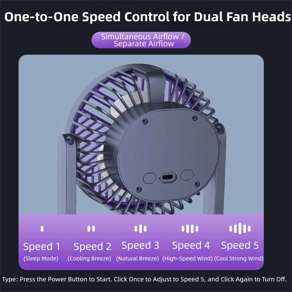 5 Gear Dual-Head Desktop Fan USB Rechargeable Low Noise Double Head Desk Fan Night Light Independent Control — foto 6