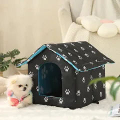Waterproof Pet Dog And Cat Kennel Warm Foldable And Washable - Black Paw Print Colour - View 1