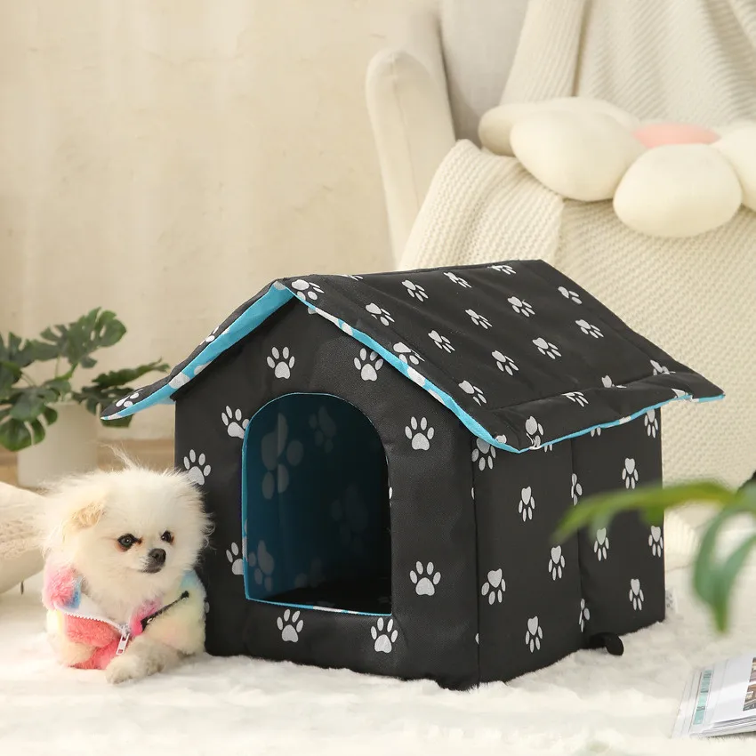 Waterproof Pet Dog And Cat Kennel Warm Foldable And Washable - Black Paw Print Color