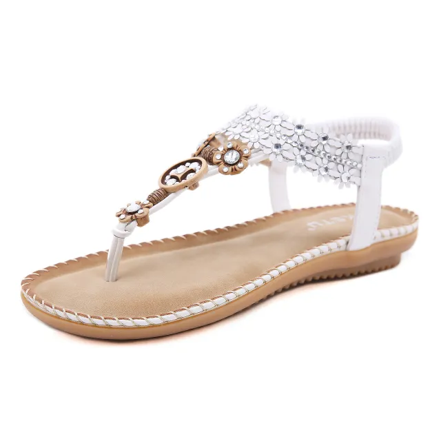 New Ethnic Style Sandals Female Bohemian Beaded Flip Flops Beach Sandals Flat Shoes White - Shop at LoveMi