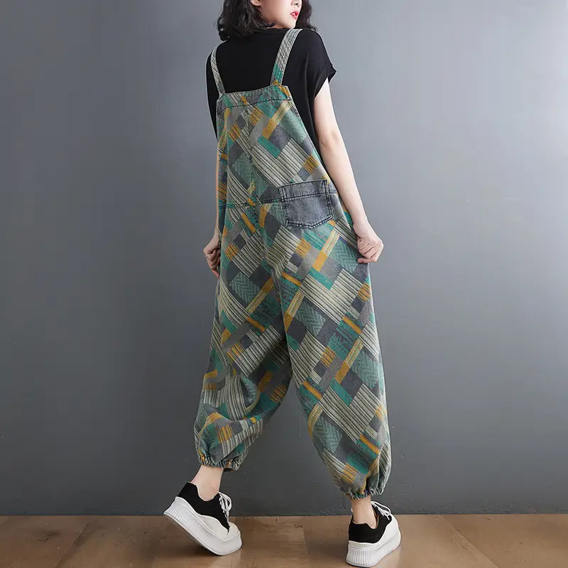 Women's Literary Retro Plus Size Printed Denim Overalls