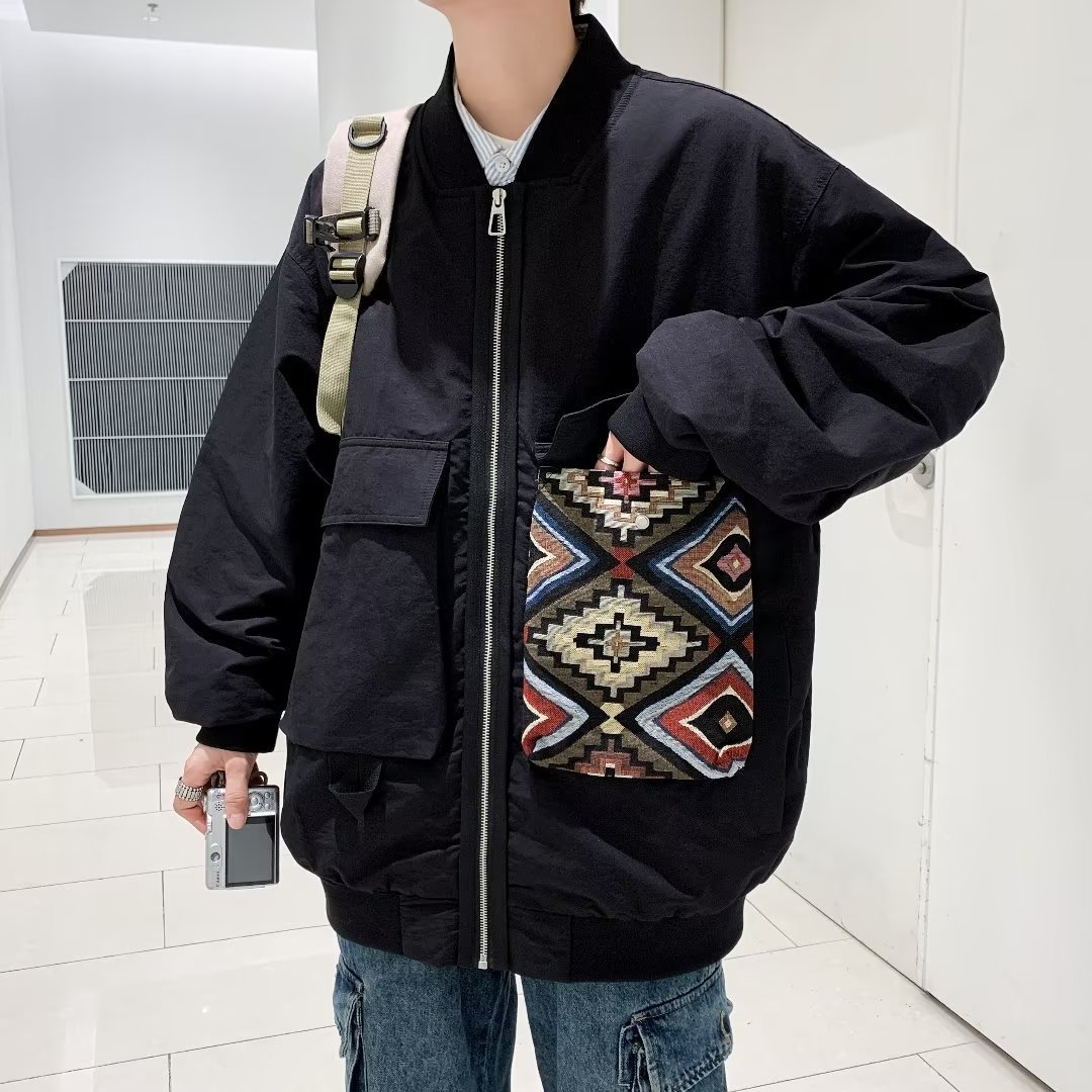 Large Pocket Collarless Embroidery Short Ethnic Style Casual Jacket