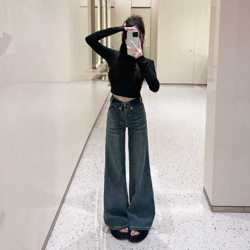 Retro Blue Flared Straight Jeans For Women Autumn And Winter Slimming Pear shaped Body Pants Blue - Shop at LoveMi