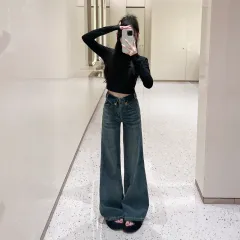 Retro Blue Flared Straight Jeans For Women Autumn And Winter Slimming Pear-shaped Body Pants - Blue - View 1