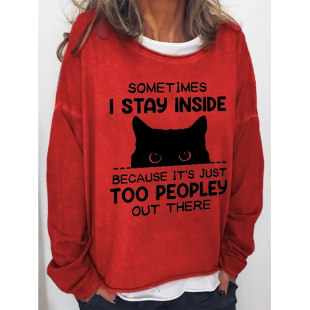 Black Cat English Round Neck Long sleeved Pullover Top Red - Shop at LoveMi