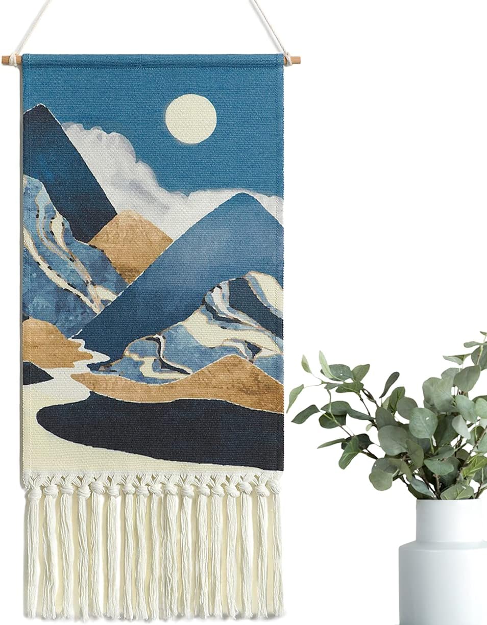 Boho Moon Mountain Wall Hanging Tapestry, Blue Landscape Wall Art Decor For Bedroom Living Room