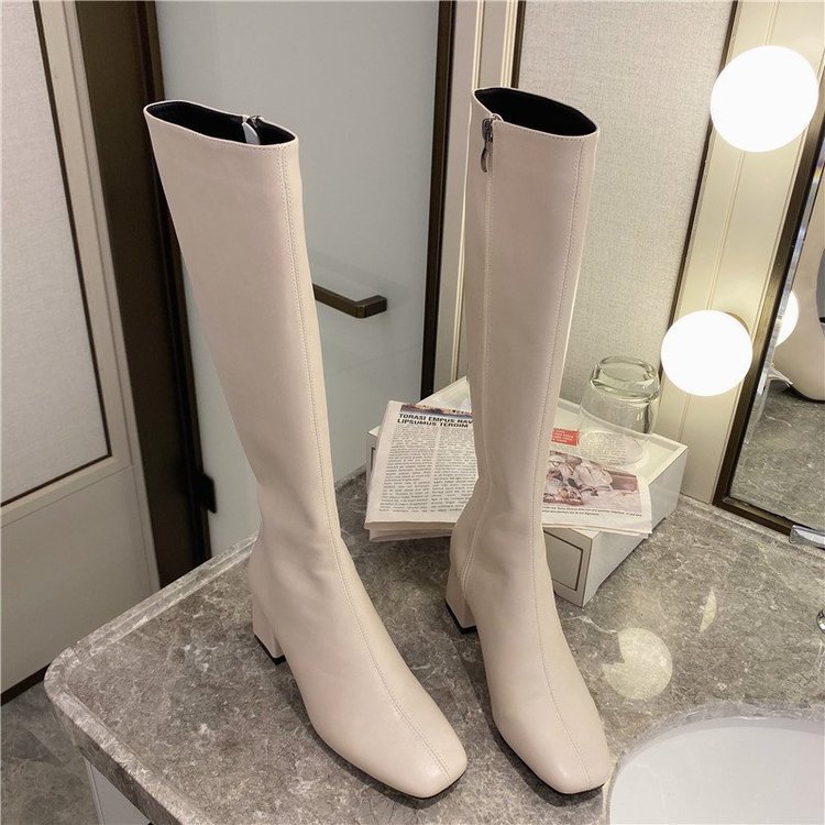 But Women's Knee Side Zipper Square Toe Boots White - Shop at LoveMi