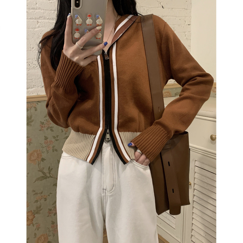 Color Contrast Hooded Knit Sweater Double Zip Versatile Casual Jacket