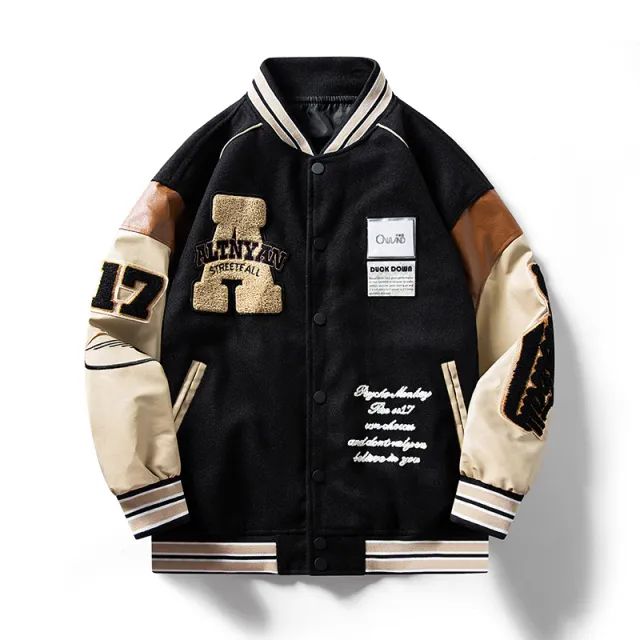 Women's Retro American Embroidery Color Blocking PU Leather Jacket Black - Shop at LoveMi