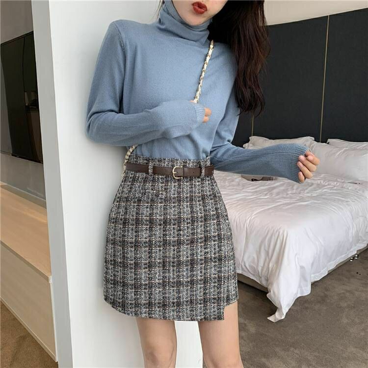 New Female High-waisted A-line Woolen Plaid Skirt