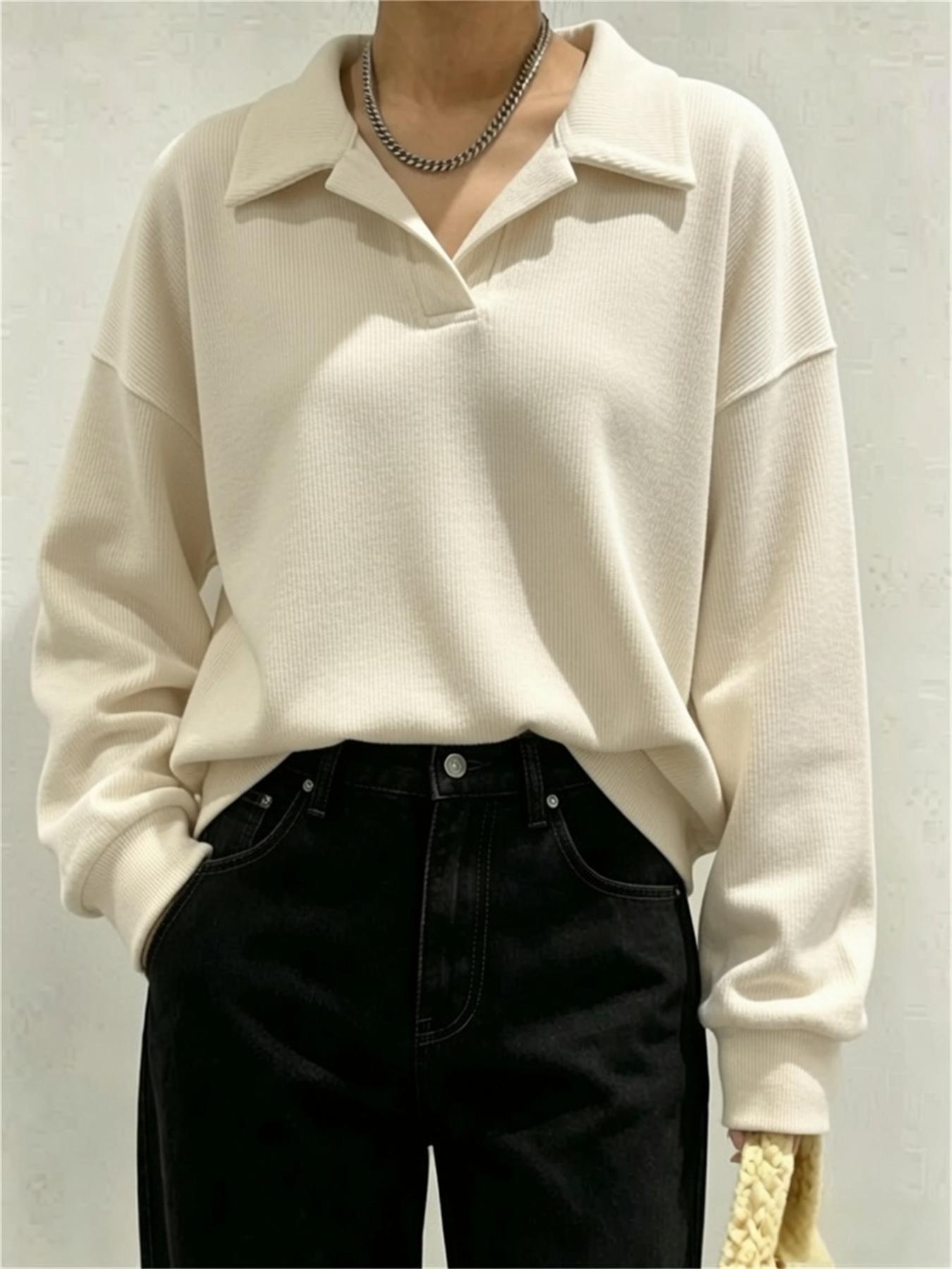 Off-White Checkerboard Texture Polo Collar Loose Long Sleeve Knit Sweater