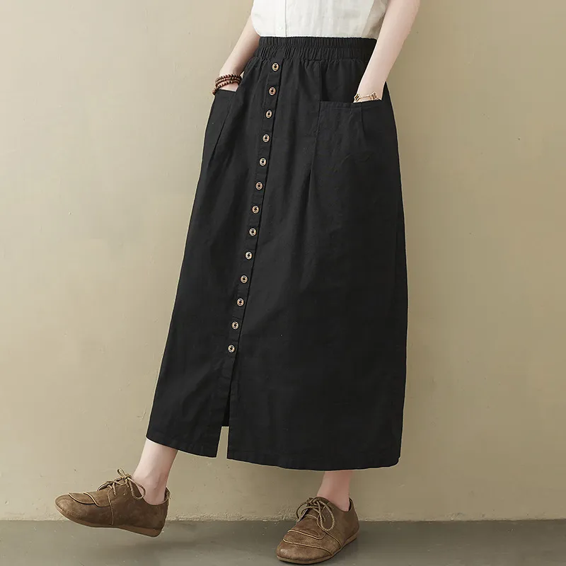 Literary Loose Solid Colour Cotton And Linen Elastic Waist Skirt - Black