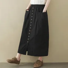 Literary Loose Solid Colour Cotton And Linen Elastic Waist Skirt - Black - View 1