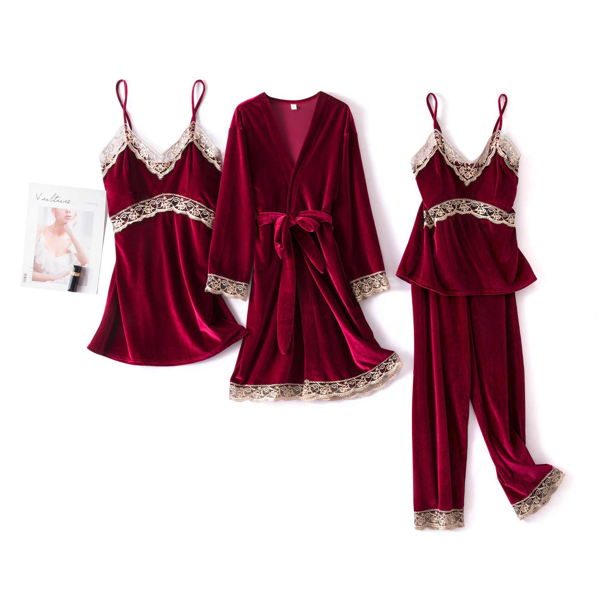 Title 6, Sexy sling velvet 4-piece long-sleeved nightgow...