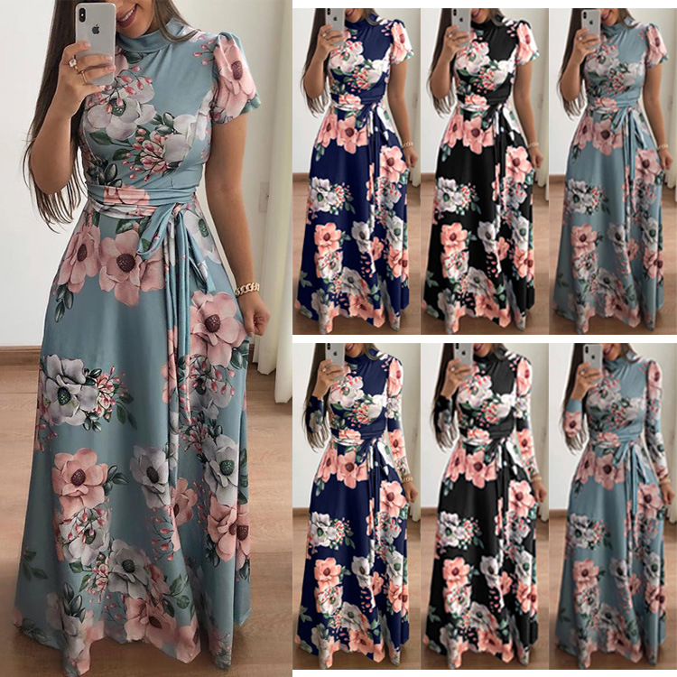 New European And American Flower Print Swing Dress