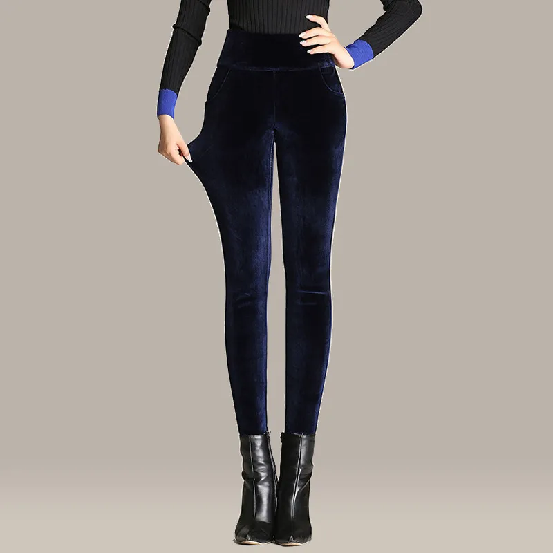 Warm Stretch Pencil Trousers High Waist Large Size Gold Velvet - Sapphire