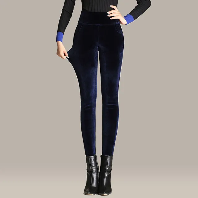 Warm Stretch Pencil Trousers High Waist Large Size Gold Velvet Sapphire - Shop at LoveMi